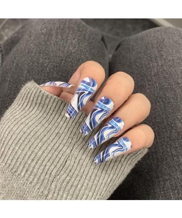 Runrayay Blue Press-On Nails - 24 Full Cover Acrylic Nail Set for Beginners | International Shipping - Buy Online on SooperMarket.com
