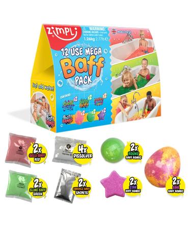 12 Use Mega Baff Pack from Zimpli Kids 6 x Bath Bombs 2 x Gelli Baff 2 x Slime Baff & 2 x Crackle Baff Children's Value Sensory Bath Toy Gift Set Birthday Present for Boys & Girls Water Toy Mega Baff Pack V2
