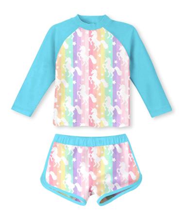 TUONROAD Girls Swimming Costume Toddler Baby Kids Two Piece Long Sleeve Swimsuit UPF 50+ Protection Bathing Suit Swim Set for 4-10 Years 5-6 Years Blue Unicorn