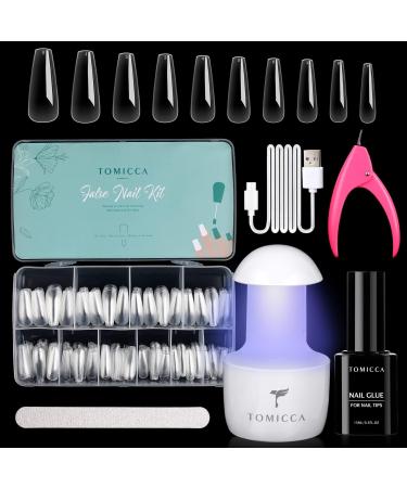 Tomicca nail tips and glue gel kit glue gel nail kit gel nail x extension set with mini nail lamp and 2 in 1 nail glue 500 PCs soft gel full cover nail tips nail extension -Long Coffin 6.Ballerina long