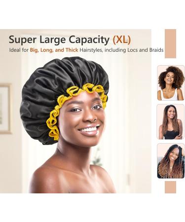 Mikimini XL Waterproof Double-Layer Shower Cap for Women & Men - Black+Yellow - Odorless & Colorfast - High-Quality & Washable - Long Hair Friendly (1 Pack) - Buy Online on SooperMarket.com