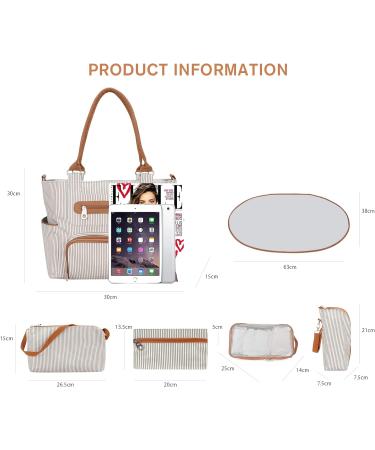 SONARIN 7pcs Nappy Changing Bag Set Multifunction Mummy Tote Bag Baby Changing Bag Shoulder Handbag Travel Diaper Bag with Bottle Bag Changing Mat and Stroller Straps white stripped(Khaki) - Buy Online on SooperMarket.com