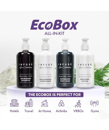 Infuse 10 Piece Ecobox All-In-Kit | Lavender Mint Soap Shampoo Conditioner Body Wash & Lotion - Bulk Hotel Toiletries | Luxury Personal Care Products - Buy Online on SooperMarket.com