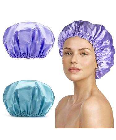 Smilco shower caps for women reusable waterproof 2 Pack large shower cap,EVA Hair Caps Double Waterproof Layers Shower Cap for Women Hair Protection. Large Two colors-Purple+Blue