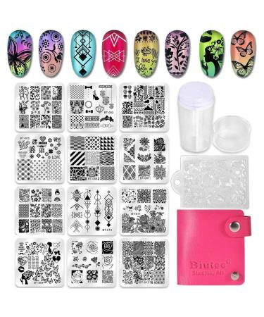 Biutee 12pcs nail stamping stencils plate set with storage bag Leaf/flower/animal/Love/Lace