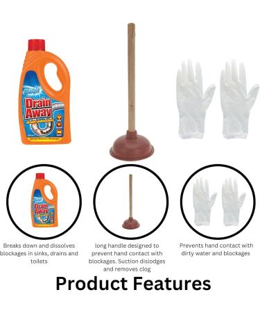 Drain Unblocker Set - Bundle Includes Duzzit Unblocker Liquid Sink Toilet Plunger and Pair of Gloves - Heavy Duty Set Clears blocked Drains Sink Bath and Showers - Buy Online on SooperMarket.com