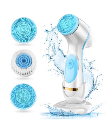 Facial Cleansing Brush Waterproof Deep Cleaning Exfoliation Rotating Spa Machine with 2 Speed Modes Electric Face Brush with 3 Replacement Brush Heads for Women (Blue)