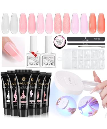 Saviland Poly Gel Nail Kit with Nail Lamp - 6 Colors Poly Nail Extension Gel Kit with 36W U V Light for Nails White Pink Poly Nail Gel All-in-one Kit for French Manicure Nail Art for Starter Home DIY 6 Colors Poly Nail Gel Kit Set-02