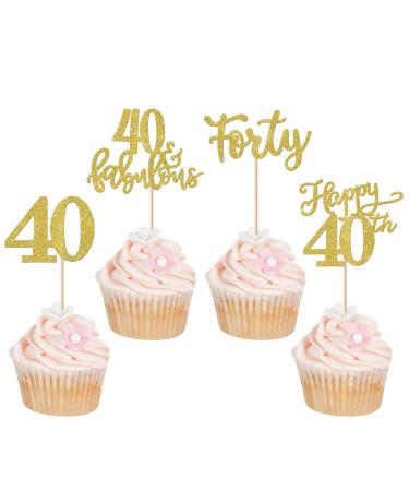Rsstarxi 24 Pack Happy 40th Birthday Cupcake Toppers Gold Glitter Forty 40 Fabulous Cupcake Picks 40th Birthday Cake Decorations for 40th Birthday Anniversary Party Decorations Design 1 40th Gold