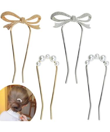4 PACK Pearl Rhinestone U Shape Hair Fork Sticks Updo Hair Bun Chignon Wedding Hair Pins Hair Styling Tool Bridal Hair Accessories for Women and Girls Pearl Bow-knot