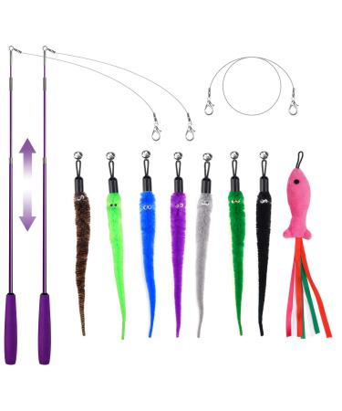 Retractable Cat Toy Wand, 11 Packs Interactive Cat Feather Toys, 7 Worms and 1 Fish Teaser Assorted Cat Teaser Refills with Bell, Include 1 Replacement Line, Fun Toy for Cat Exercise