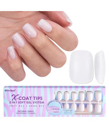 btartboxnails XS Short Square Gel Nail Tips - Pre Colored Milky White Soft Gel Nail Tips Milky White Press on Nails Natural XCOATTIPS Pre Applied Tip Primer C-XS Square Milky White