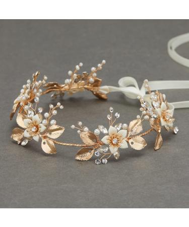 SWEETV Gold Bridal Headband Crystal Flower-Leaf Bridal Headpieces for Wedding Hair Accessories for Brides Pearl Hair Vine