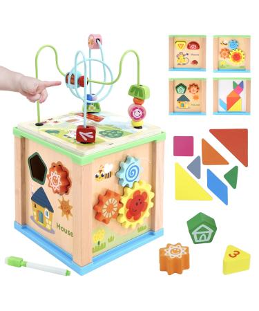 Motor cube activity cubes made of wood 6-in-1 activity center with activity center with pearl labyrinth and form sorting Color detection Sort toy wooden toys for small children from 1 2 3