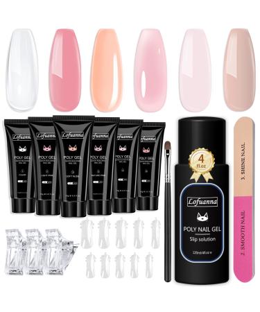 Lofuanna Poly Gel Nail Kit-6 Colors Nude Pink Set Poly Nail Gel Nail Starter kit Nail Extension Gel With 120ml Slip Solution 120Pcs Nail form Nail Strengthen Gel Nail Gel Kit DIY for Beginners 001-NUDE PINK