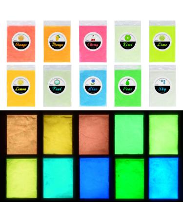 Glow in The Dark Pigment Powder - Epoxy Resin Color Pigment Dyes for DIY Slime Coloring Kit - Luminous Skin Safe Long Lasting Self Glowing for Acrylic Paint Nail Art Painting Crafts - 0.4oz Each 0.35 Ounce (Pack of 10...
