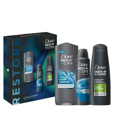 Dove Men+Care Restore Clean Comfort 3-in-1 Hair Face & Body Wash and 2-in-1 Shampoo & Conditioner with7 2H Anti-Perspirant 3 Pieces Ready to Give Gift Set for Him