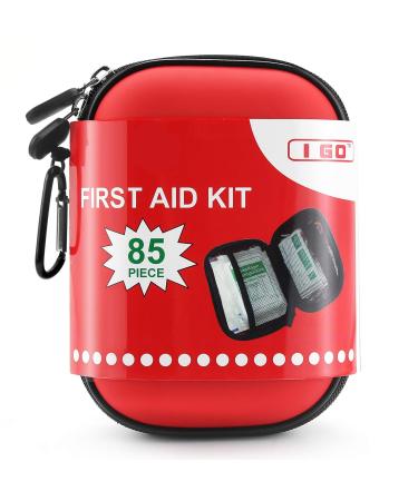 I GO 85 Pieces Hard Shell Mini Compact First Aid Kit, Small Personal Emergency Survival Kit for Travel Hiking Camping Backpacking Hunting Marine Car Red
