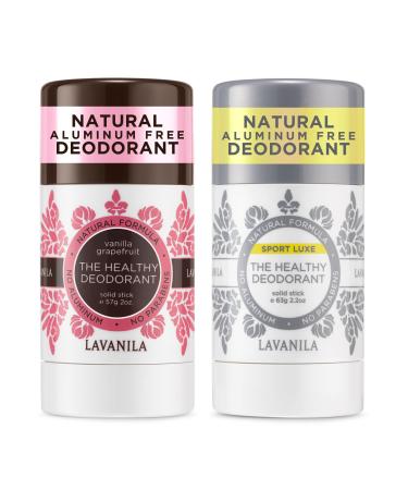 Lavanila Aluminum Free Natural Deodorant for Girls Vanilla Grapefruit + Sport Luxe (2oz Each) - The Healthy Deodorant - Solid Stick Vegan