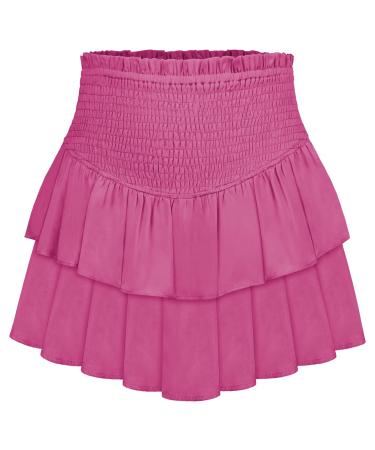 LAEMILIA Womens Elastic Waist Flared Short Skirt Floral Print Pleated Mini Skater Skirt with Drawstring M 02-rose Red