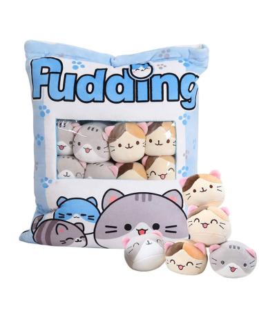 HXPLN Cute Snack Pillow Cat Plush Pillow Pudding Cat Pillow with Kitty Dolls Removable Stuffed Animal Toys Creative Gift for Teenagers Girls Children (8 Blue Kittens)