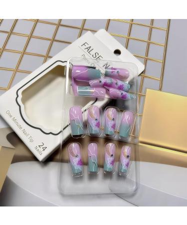 Acrylic Press On Nails False Nails Square Fake Nails with Glue Reusable Cute Press On Nails Gradient Flower Fake Nails with Designs Full Cover Medium Coffin - Buy Online on SooperMarket.com
