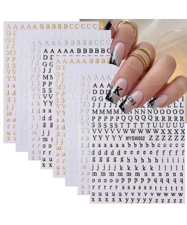 8 Sheets Letter Nail Stickers 3D Self-Adhesive English Alphabet Nail Art Stickers Black White Gold Silver Nail Decals Big Small Letter Stickers Nail Charms for Women Girls DIY Acrylic Nail Decorations