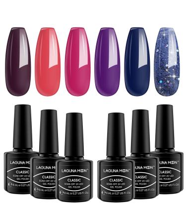 LagunaMoon Gel Nail Polish Set - 6 Colours Pink Purple Blue Black High-Shine Kit Nail Gel Polishes for Salon Quality DIY Manicure - UV LED Soak Off Lacquer Kit Varnish Manicure & Pedicure Enchanting | Salon-Grade Polish
