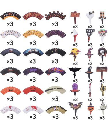 108Pcs Halloween Cupcake Wrappers & Toppers | Classic Ghost Witch Bat Pumpkin Pattern | Disposable Baking Cups for Party Decoration - Buy Online on SooperMarket.com