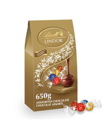 LINDT LINDOR Assorted Chocolate Truffles (Milk Chocolate White Chocolate Hazelnut Chocolate Dark Chocolate) Jumbo Bag 52 Count of Truffles 650g Bag Individually Wrapped Chocolate