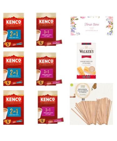 Temas Kenco Smooth White Instant Coffee Bundle - Enjoy Coffee On-The-Go with 3 Pcs Each of 3 in 1 & 2 in 1 Instant Coffee (30 Sachets) Walker's Shortbread Fingers and Wooden Tea & Coffee Stirrers