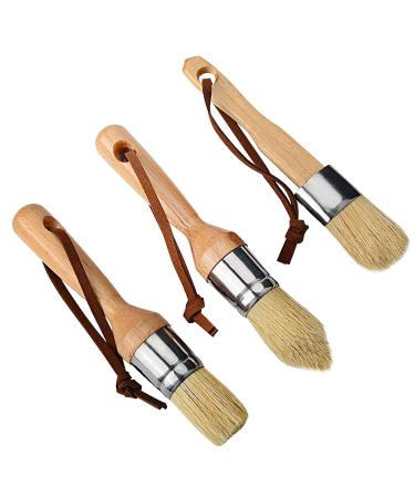 Professional Chalk and Wax Paint Brush Set, 3pcs Small Round Reusable Natural Bristle Brushes for Folk Art Home Decor DIY Painting Stencils, Compatible with Annie Sloan Chalk Paint Milk Paint