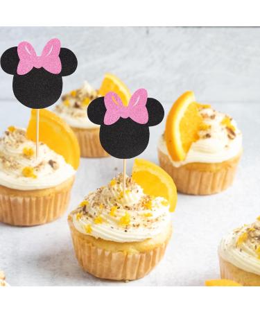 Arthsdite 24Pcs Mouse Inspired Cupcake Toppers with Pink Bow Black Glitter Mouse Cake Decorations for Baby Shower Wedding Kids Birthday Party Cake Decorations Supplies - Black Glitter - Buy Online on SooperMarket.com