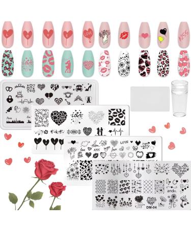 RUNRAYAY 6Pcs Heart Nail Stamping Plates Set with Nail Stamper & Scraper Valentine's Day Theme Nail Art Stamping Plates Love Lips Plaid Stamp Templates Kit Nail Image Manicuring DIY Printing Tools C + Tools