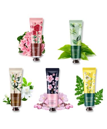 5 Pack Natural Plant Fragrance Hand Cream for Dry Hands Moisturizing Hand Care Cream Hand Lotion Travel Gift Set Travel Size Hand Lotion Set for Men and Women-30ml Flower 5P
