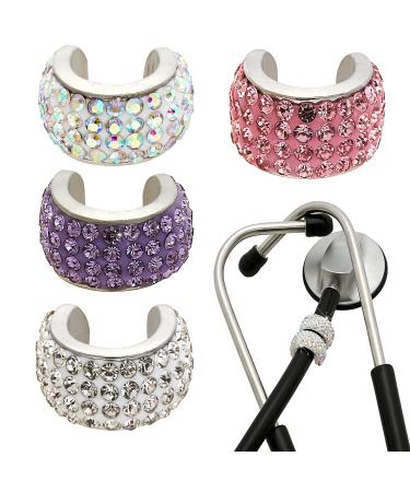 4 Pack Bling Stethoscope Charms, Stethoscope Id Name Tags, Charmed Crystal Stethoscope Charms Perfect for Nurse Accessory, Nurse RT Vet, Violet Kiss Crystal. (Sliver, Purple, AB, Pink)