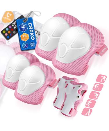 CRZKO Kids/Teenager Protective Gear, Knee Pads and Elbow Pads 6 in 1 Set with Wrist Guard and Adjustable Strap for Rollerblading Skateboard Cycling Skating Bike Scooter PINK S(33 to 44 lbs)