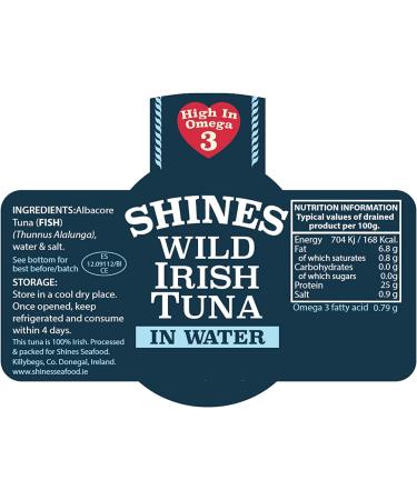 Shines Wild Irish Albacore Tinned Tuna in Spring Water - Low Carb & High Protein Canned Tuna - Ideal for Keto Diet - Hand Filleted - High in Omega 3 - Gluten Free - 12 x 111g Cans - Buy Online on SooperMarket.com
