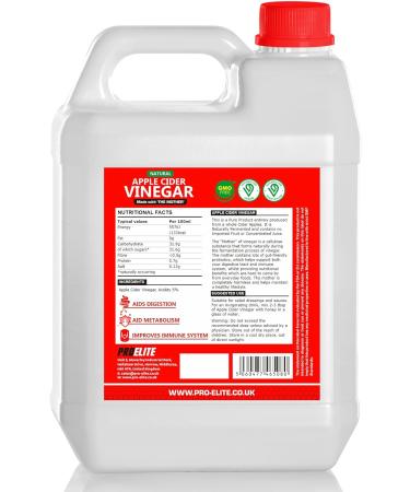 Apple Cider Vinegar with Mother 5L 5 Percent Acidity - Raw Unfiltered & Unpasteurised - Naturally Vegan GMO Free Gluten Free Alternative for Apple Cider Vinegar Capsules Tablets by PROELITE - Buy Online on SooperMarket.com