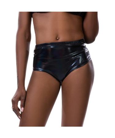 Qwuveds Short Glossy High Shorts Rave Pants Women's Pants Golden Sexy Panty Silver Black Faux Red Leather Waist Dance Nylon Dining Black S