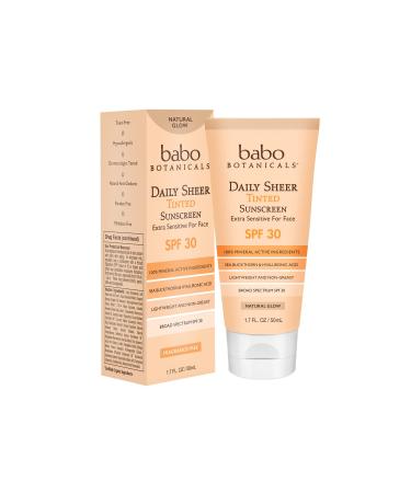 Babo Botanicals Daily Sheer Moisturizing Mineral Tinted Sunscreen SPF 30, Natural Glow, Unscented, 1.7 Fl Oz