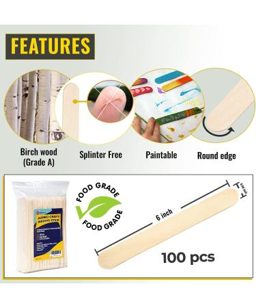 100-Piece Large Jumbo Wooden Craft Sticks (6 x 3/4) - Premium Natural Wood for Crafts, Waxing, Tongue Depressors, Popsicles, Ice Cream, Woodcraft, Paint Stirrers and Art - Buy Online on SooperMarket.com