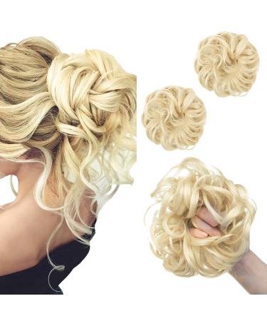 2PCS Beach Blonde Updo Messy Bun Hair Hair Piece Synthetic Wavy Curly Scrunchies Ponytail Extension Synthetic Donut Updo Hair Pieces for Women Girls 613#