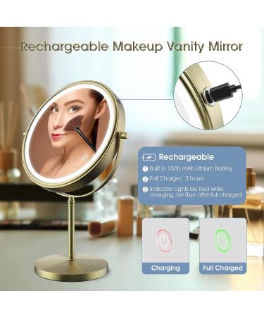 Zelaxy 8 Rechargeable Makeup Vanity Mirror with Lights - Double Sided 1X 10X Magnifying, 3 Color Lighting, Touch Sensor Dimming, Bronze - Buy Online on SooperMarket.com