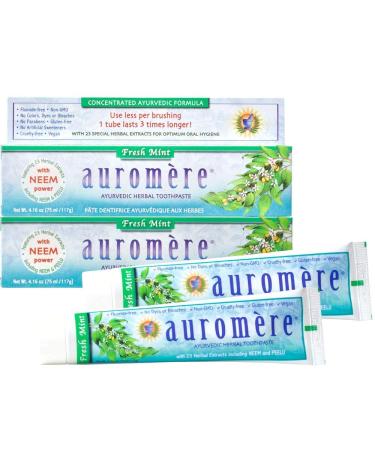 Auromere Ayurvedic Herbal Toothpaste Fresh Mint - Vegan Natural Non GMO Fluoride Free Gluten Free with Neem & Peelu (4.16 oz) 2 Pack
