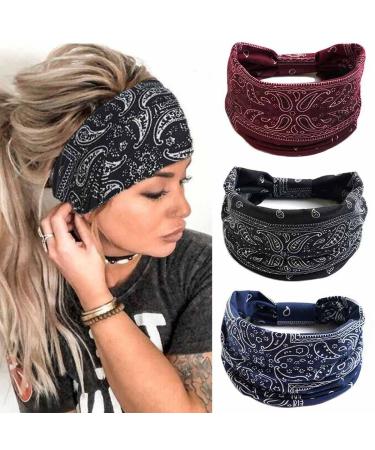 CAKURE Boho Wide Headbands Knotted Head Bands Turban African Head Wraps Yoga Hairbands Stretch Elastic Head Scarf Motorcycle Headbands Hair Accessories for Women and Girls Pack of 3 (Set-1)