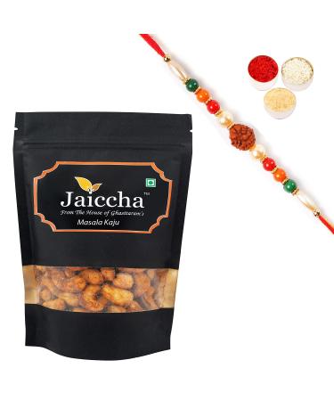 Jaiccha Ghasitaram Rakhi Gifts for Brothers Rakhi Dryfruits - Special Masala Kaju 200 GMS in Black Paper Pouch with Rudraksh Rakhi