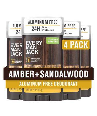 Every Man Jack Amber + Sandalwood Men s Deodorant - Stay Fresh with Aluminum Free Deodorant For all Skin Types - Odor Crushing Long Lasting with Naturally Derived Ingredients - 3oz (4 Pack)