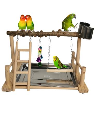 Hamiledyi Parrot Playground Bird Playstand Wood Exercise Play Perch Exercise Gym with Feeder Cups Toys Cockatiel with Ladder Hanging Swing for Pet Conure Lovebirds Life Activity Center Training Stand