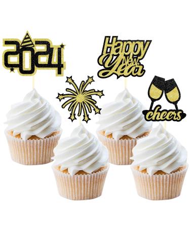 24PCS Glitter Happy New Year Cupcake Toppers 2024 New Year Eve Cake Topper for New Years Eve 2024 New Year Party Decorations Supplies (Mix A)